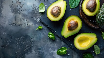 Wall Mural - Avocado placed on a table a well known fruit high in healthy fats often included in vegetarian or diet meals