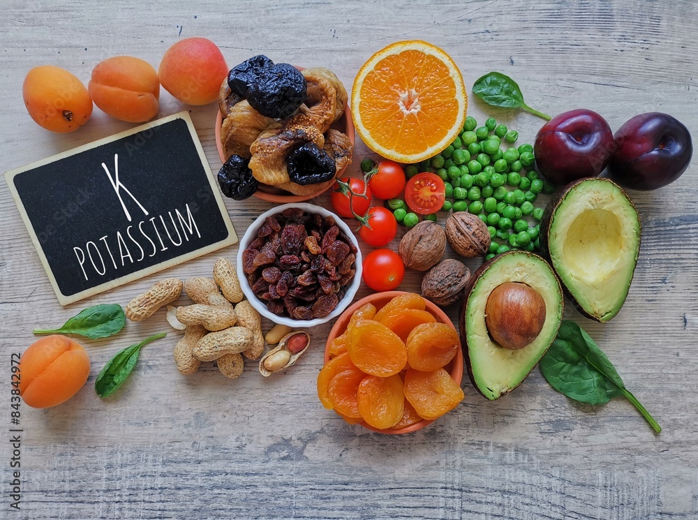 Potassium rich foods. High potassium foods with chemical symbol K