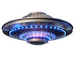 © kanoktuch - Futuristic flying saucer with blue lights, showcasing advanced extraterrestrial technology, isolated on transparent background, png.