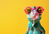 Quirky chameleon in pink glasses blowing a bubble