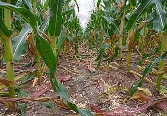 Wall Mural - A cornfield destroyed by a pest infestation, with damaged and chewed leaves