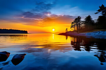 Poster - A breathtaking sunset paints the sky in fiery hues at the coast of a peaceful lake. Nature reflects in the still water, creating a mesmerizing scene in Northern Europe.