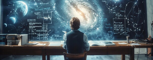 A physicist writing quantum physics operations and formulas on a blackboard