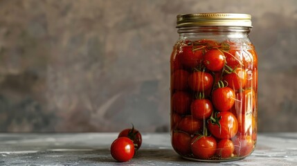Wall Mural - Preserved Food Pickled Tomatoes in a Glass Jar on a Neutral Background with Room for Text Handmade Preserving