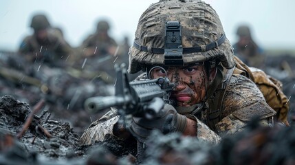 Prone soldier in camouflage uniform aiming a gun, with a digitally obscured face to maintain anonymity in a gritty, realistic military scenario