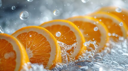Dynamic image of sliced orange with fresh water splashing around, bright colors