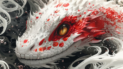 a close up of a white and red dragon