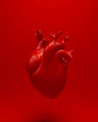 Wall Mural - Red heart human anatomical organ internal biology model red background 3d illustration render digital rendering