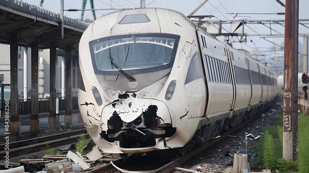 Massive train derail. Dramatic night scene of a head-on collision ...