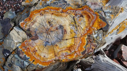 Wall Mural - beneath the petrified wood lies a hidden ecosystem with plants and insects that have adapted to thei
