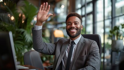 Corporate headshot, employee waving high, sleek modern work station room setting