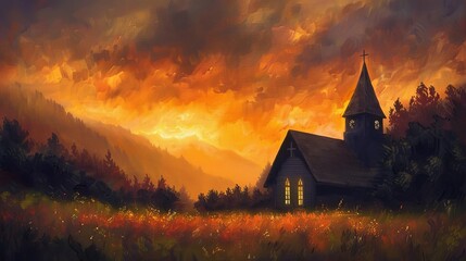 Wall Mural - quaint rural church silhouetted against fiery sunset sky idyllic meadow landscape evocative oil painting