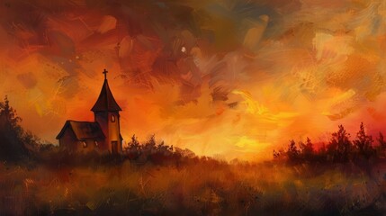 Wall Mural - quaint rural church silhouetted against fiery sunset sky idyllic meadow landscape evocative oil painting