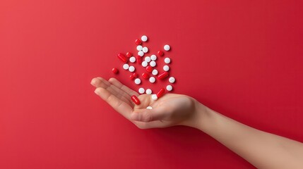 Canvas Print - red and white pills in hand on red background healthcare and medicine concept