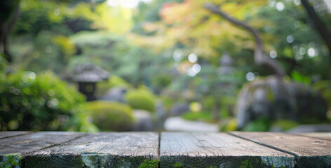 Wall Mural - Empty wooden table with blurred garden background. Rustic wooden table with a serene green garden background, ideal for product placement or showcasing natural beauty.