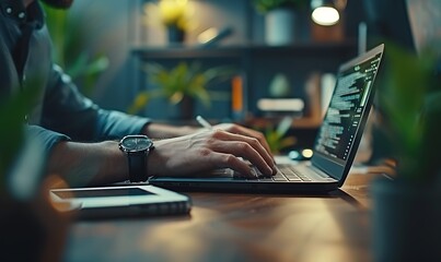 Poster - Man's hands on laptop with coding screen in modern office