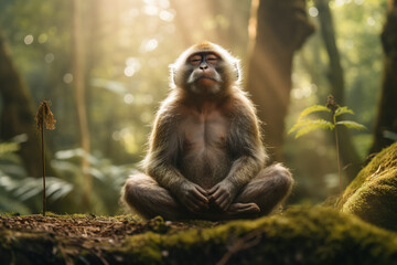 Wall Mural - Monkey sitting and meditating in the forest. Monkey doing yoga Wildlife Animals.