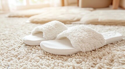 Poster - Soft white slippers resting on a home carpet with room for text