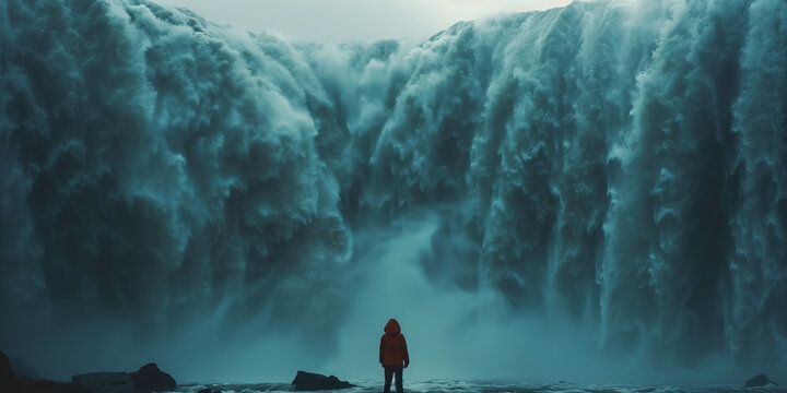 A person standing in front of a huge waterfall
