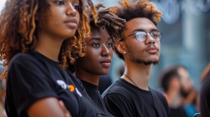 Sticker - Young individuals wearing black shirts looking to the side with a phone held in hand