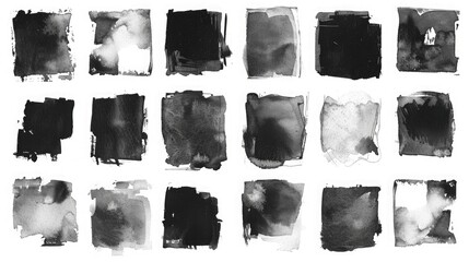 Wall Mural - A set of grunge watercolor textures in black ink on a white background. There are 20 different square shapes forming a seamless pattern.
