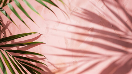 Wall Mural - Blurred shadow from palm leaves on the light pink wall. Minimal abstract background for product presentation. Spring and summer.
