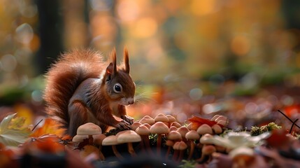 Wall Mural - red squirrel searching for food between the mushrooms in autumn in the fores