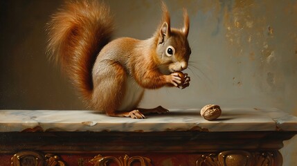 Wall Mural - red squirrel with walnut sitting on table