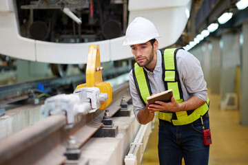 Technician or worker talking about work on walkie talkie and checking railroad track at construction train station