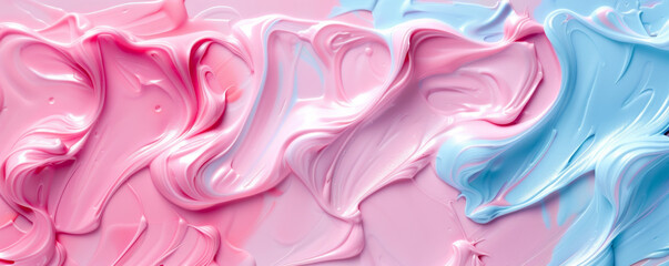 Poster - Smooth swirls of pastel-colored creams in pink and blue, creating a soft and soothing abstract texture, perfect for beauty and cosmetic themes. Soft Pastel Cream Swirls in Pink and Blue

