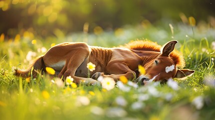 Wall Mural - Sweet little sleeping chestnut foal baby horse outside on a lawn in spring flowers meadow