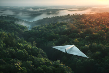 Wall Mural - paper plane soaring through the green forest