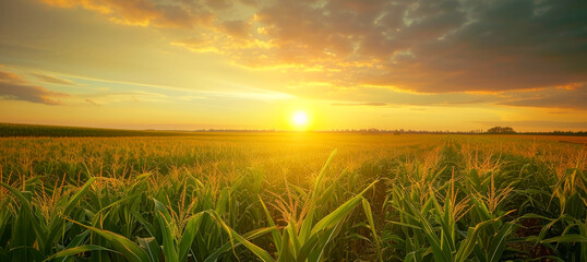 Poster - Corn field panorama view in sunlight for web banner template.