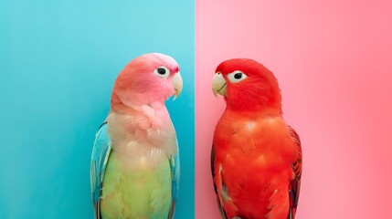 Wall Mural - Two lovebird parrots sort out the relationship between themselves isolated on blue and pink background