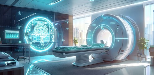 Wall Mural - Futuristic hospital room with an MRI scanner and holographic display showing medical data,