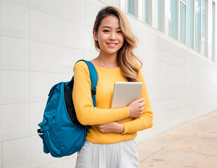 A female young student woman holding a tablet in a yellow blouse and blue backpack