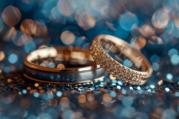 Wall Mural - Wedding rings on shiny background, selective focus