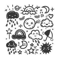 silhouette hand drawn cute weather kawaii doodle collection set