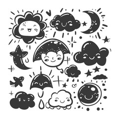 silhouette hand drawn cute weather kawaii doodle collection set