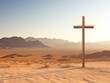 © รันนี่ เจอนั่น Mm - A solitary cross in an arid desert with rugged mountains in the distance, muted sepia tones, shadowy lighting, vintage film effect.