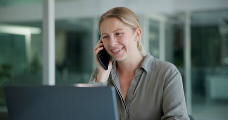 Poster - Laptop, phone call and woman in office, smile and communication for planning, project and deadline. Entrepreneur, mobile and chat with connection, happy and person in business and copywriting