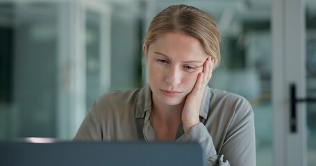 Poster - Laptop, tired and woman in office, reading and copywriting in night, hand and burnout for deadline. Computer, editing and employee working late, professional and fatigue with brain fog and project