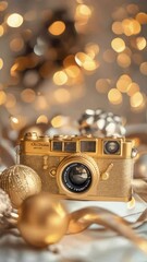 Canvas Print - Gold camera is placed on table with bunch of gold balls