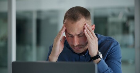 Fototapete - Laptop, migraine and man in office, night and tired of copywriting, hand and burnout for deadline. Computer, editing and employee working late, professional and fatigue with headache and project