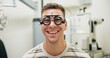 © peopleimages.com - Portrait, happy man and trial frame for eye care, vision and healthcare in clinic. Face, smile and patient with test lens or tool for wellness, ophthalmology or optometry for eyesight correction exam