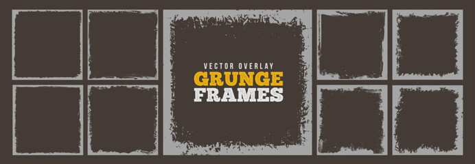 Wall Mural - Vector grunge paint brush frame or border, vintage background and overlay torn paper texture collection. Retro brushstroke frame or grunge overlay pattern art for social media. Dirty silhouette layout