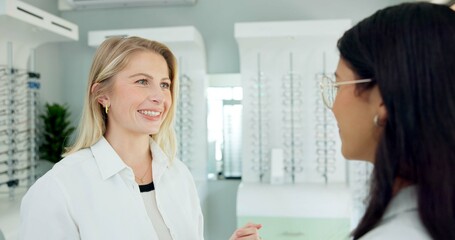 Poster - Consulting, optometrist and help customer with glasses for eye health, wellness or care. Ophthalmology, lens frame and happy woman with client for vision, spectacles or eyesight correction at store