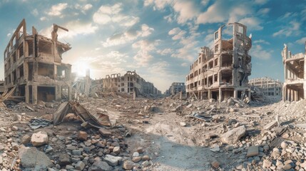 Wall Mural - Destroyed city after the war. Dramatic scene of the bombed out city. Human suffering and war