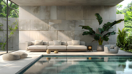 Wall Mural - Minimalist Poolside Terrace with clean lines, neutral colors, sleek furniture, potted plants