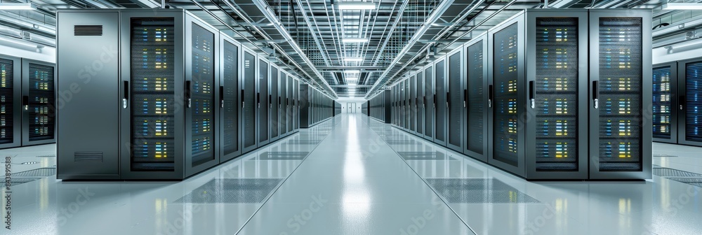 Panoramic view of a modern data center with rows of server racks ...